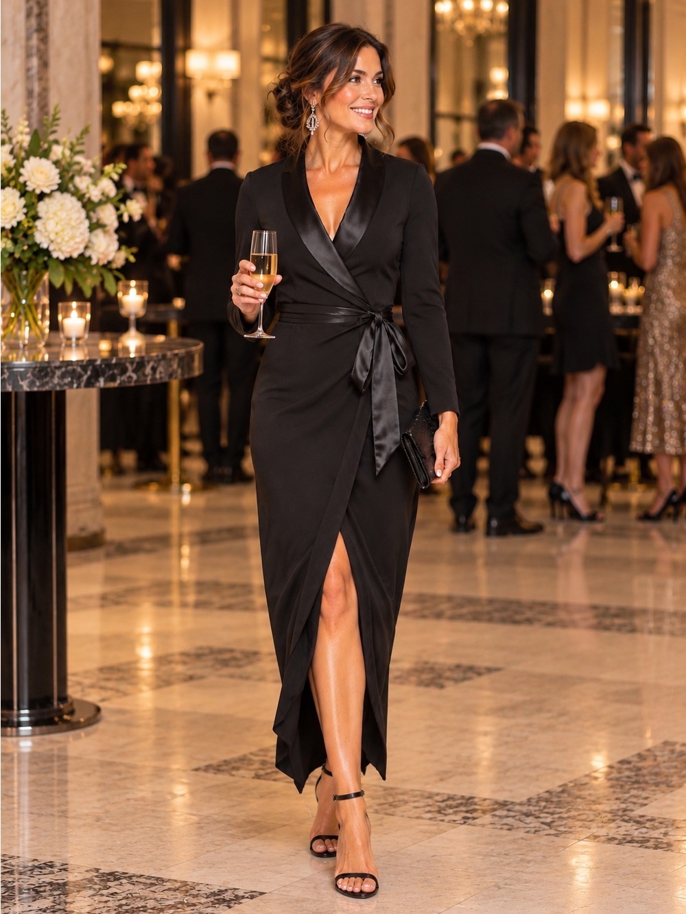 ELIZA J Women's Black Satin-Trim Faux Wrap Long Sleeve Tuxedo Maxi Dress 10